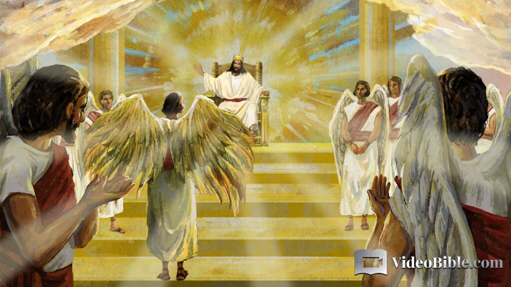 Jesus on the throne in heaven surrounded by angels revelation