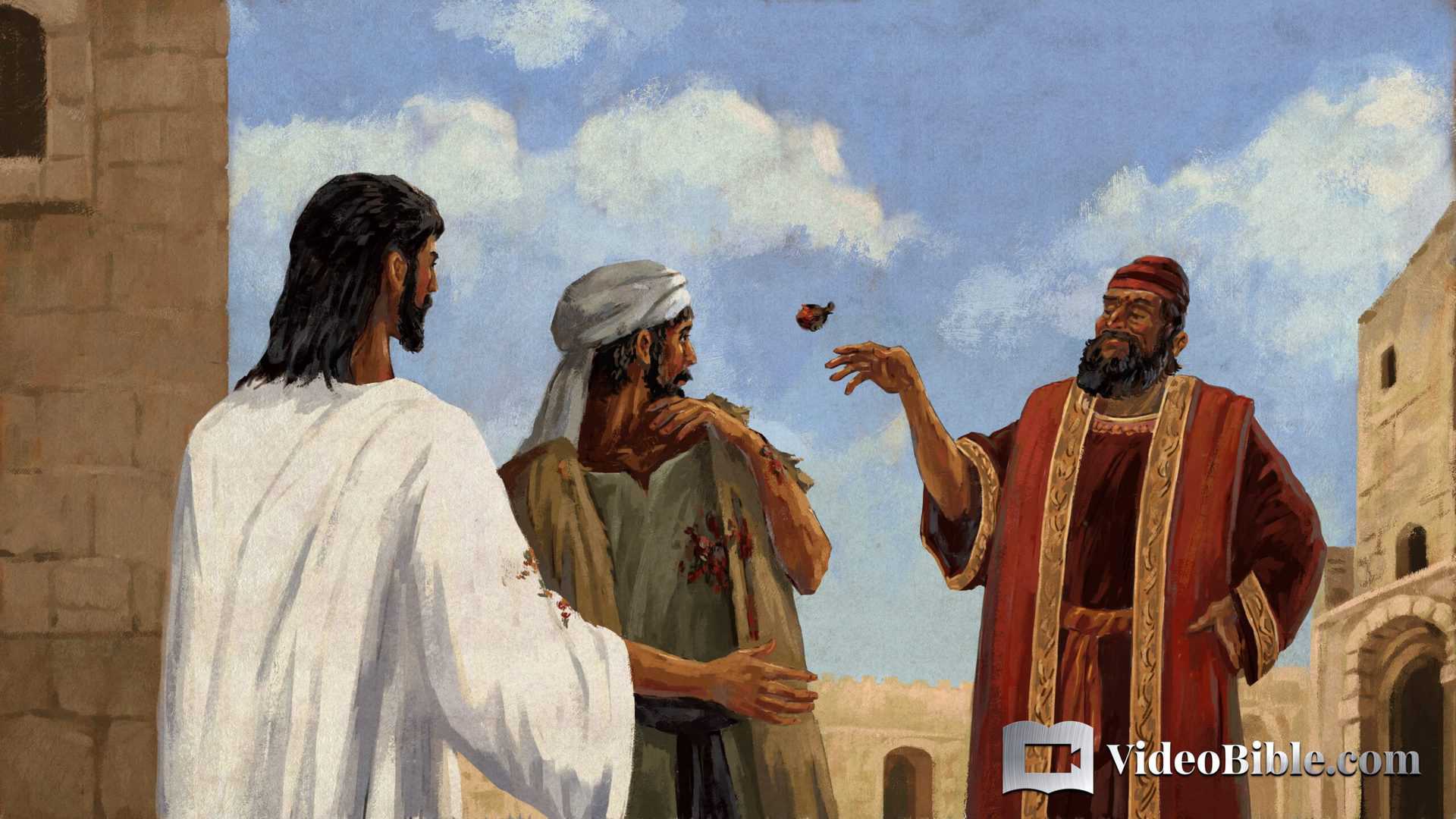 rich man being unkind to poor man as Jesus watches