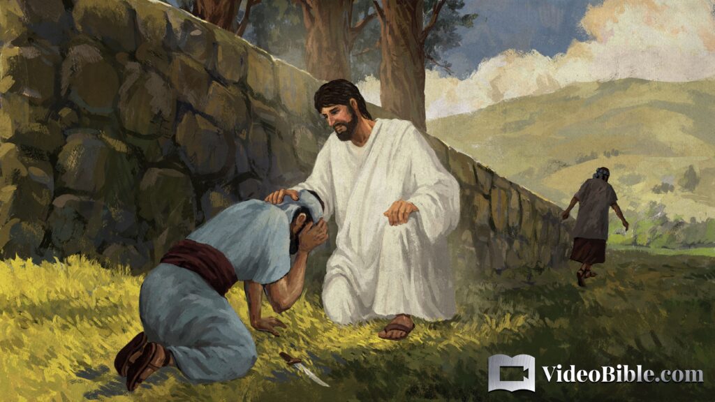 Jesus comforting a sinner who has repented of his sin