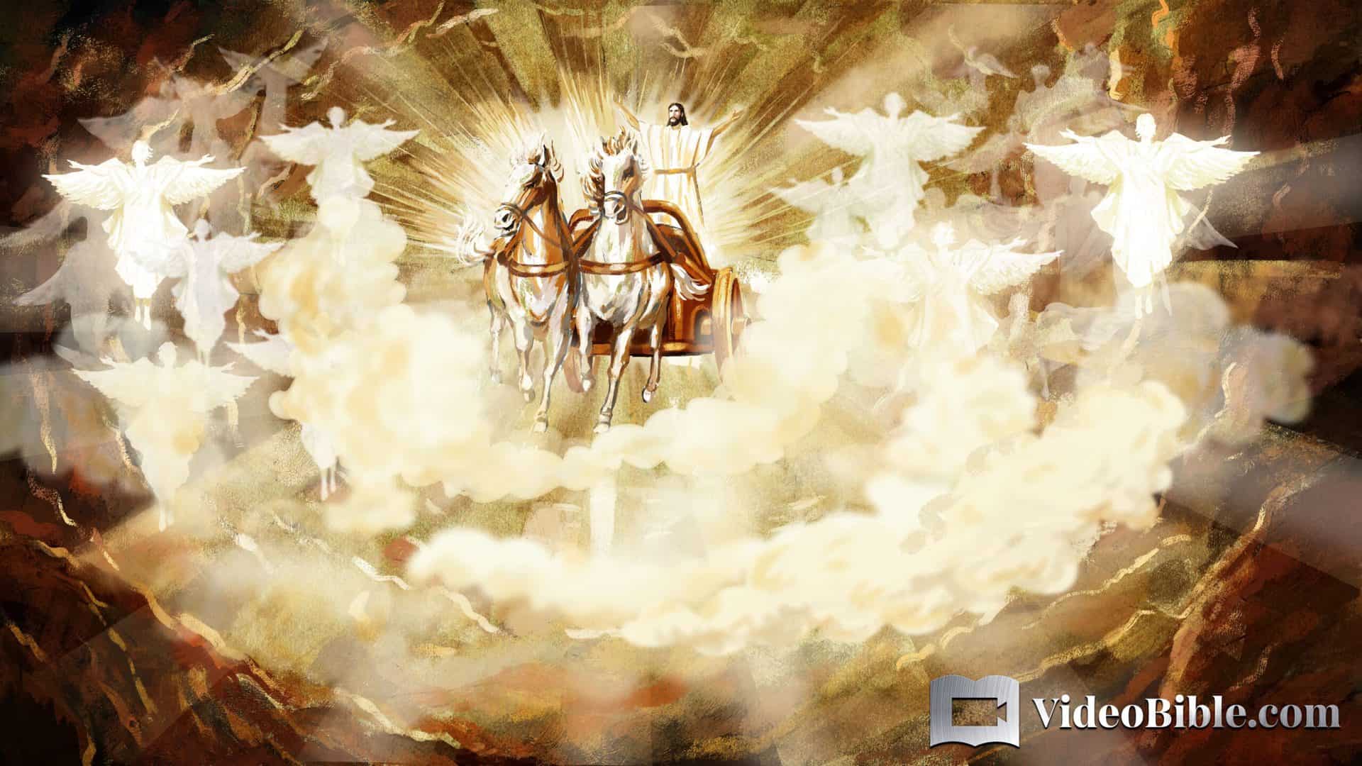 Jesus riding a chariot in heaven surrounded by angels