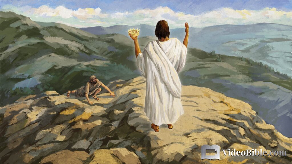 man climbing a mountain to reach Jesus at top with crown of life