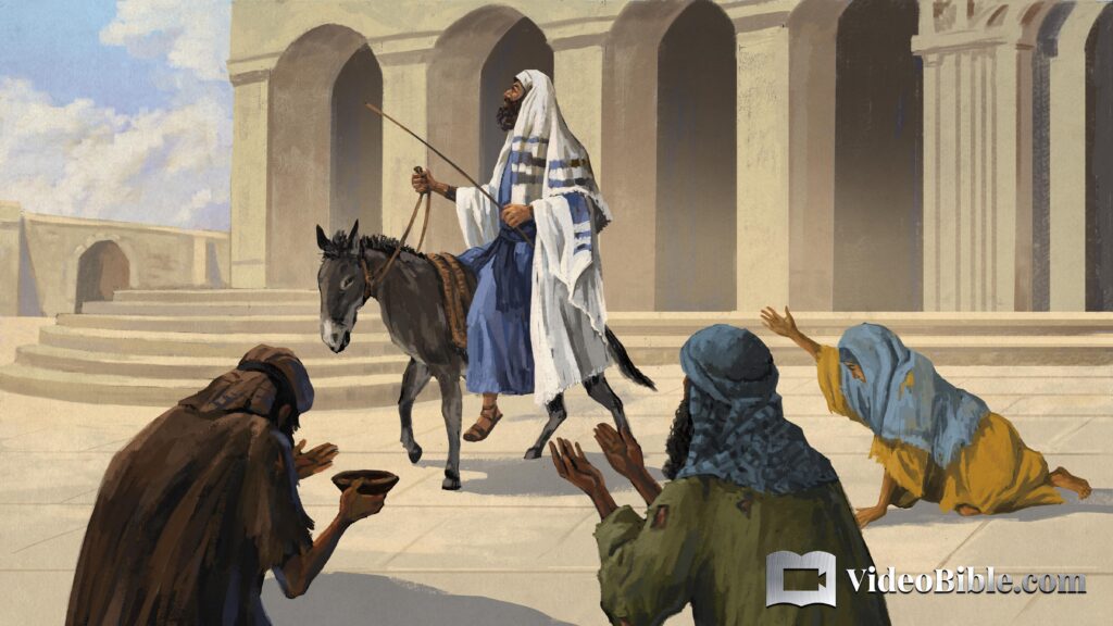 Pharisee at the temple riding a donkey and ignoring the poor people