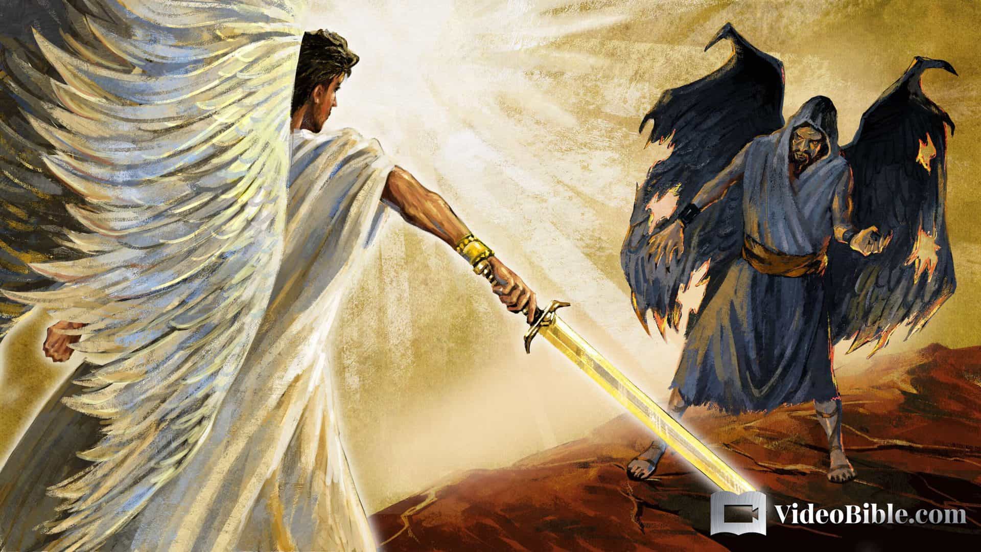 Michael the angel rebuking the devil with a golden sword Holy Bible