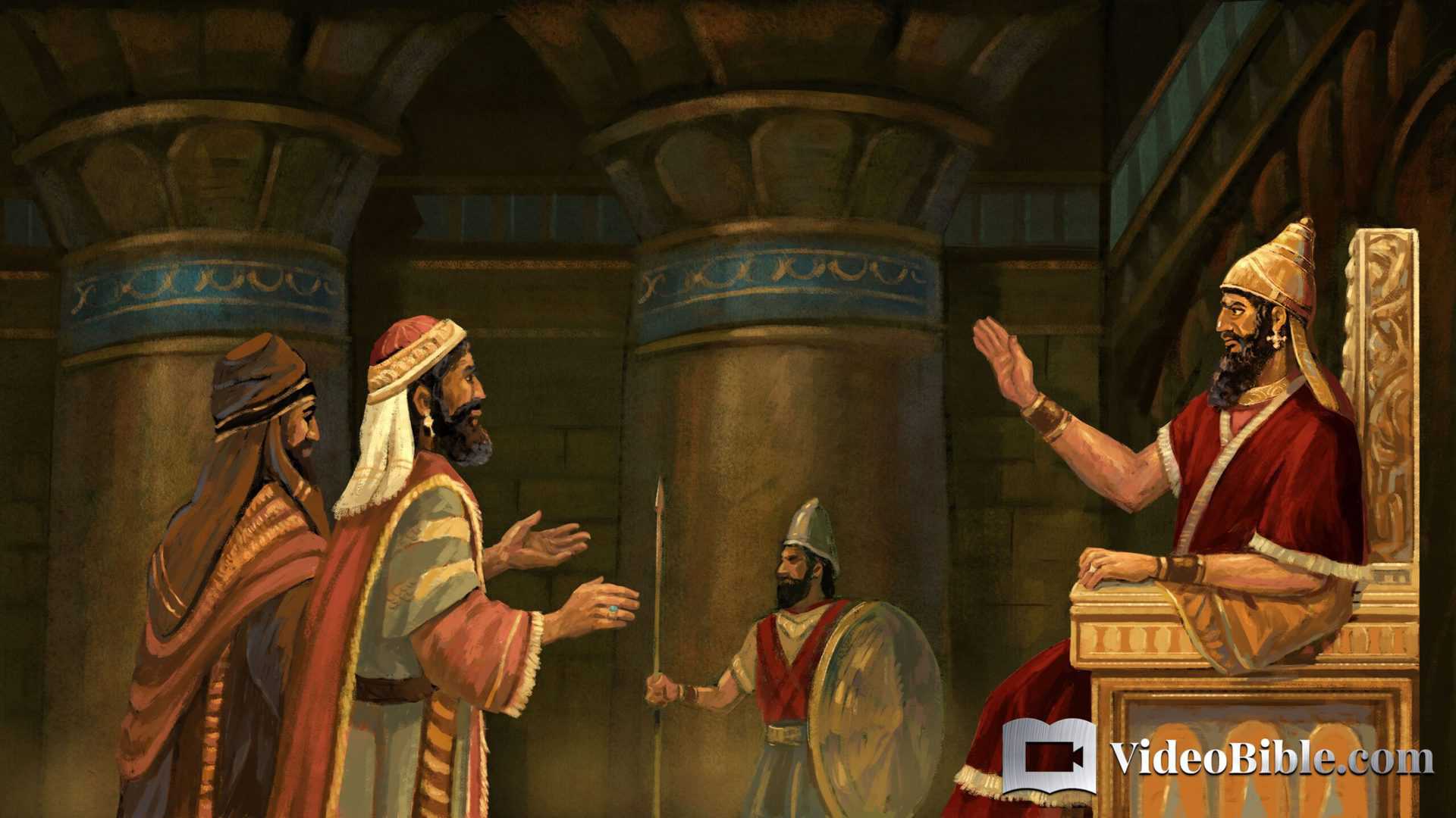 Babylonian king seated on throne greeted by emissaries