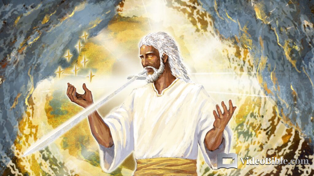 Jesus sword coming out of his mouth with 7 stars in right hand revelation