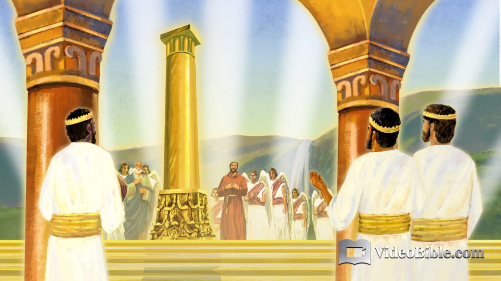 Angels in heaven by pillar in the temple of God and streets of gold
