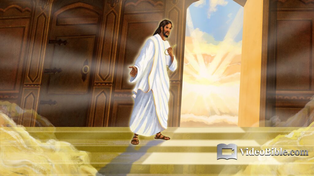 Jesus standing next to open door with the key to life