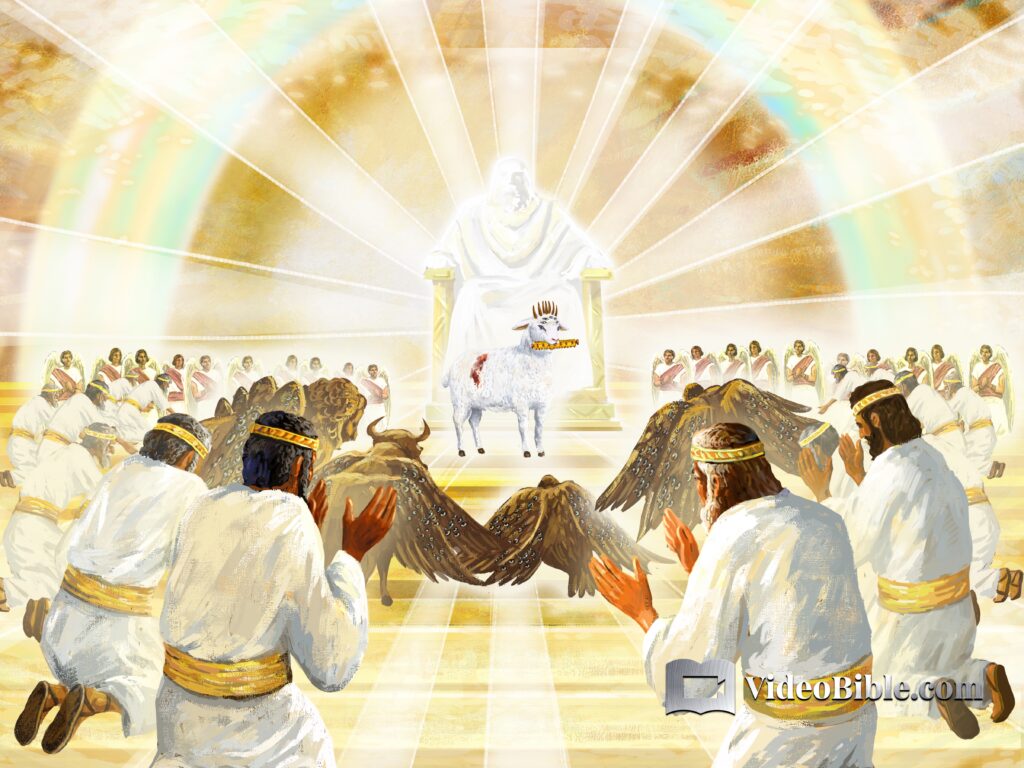 God the father Lamb of God standing before heavenly hosts kneeling revelation