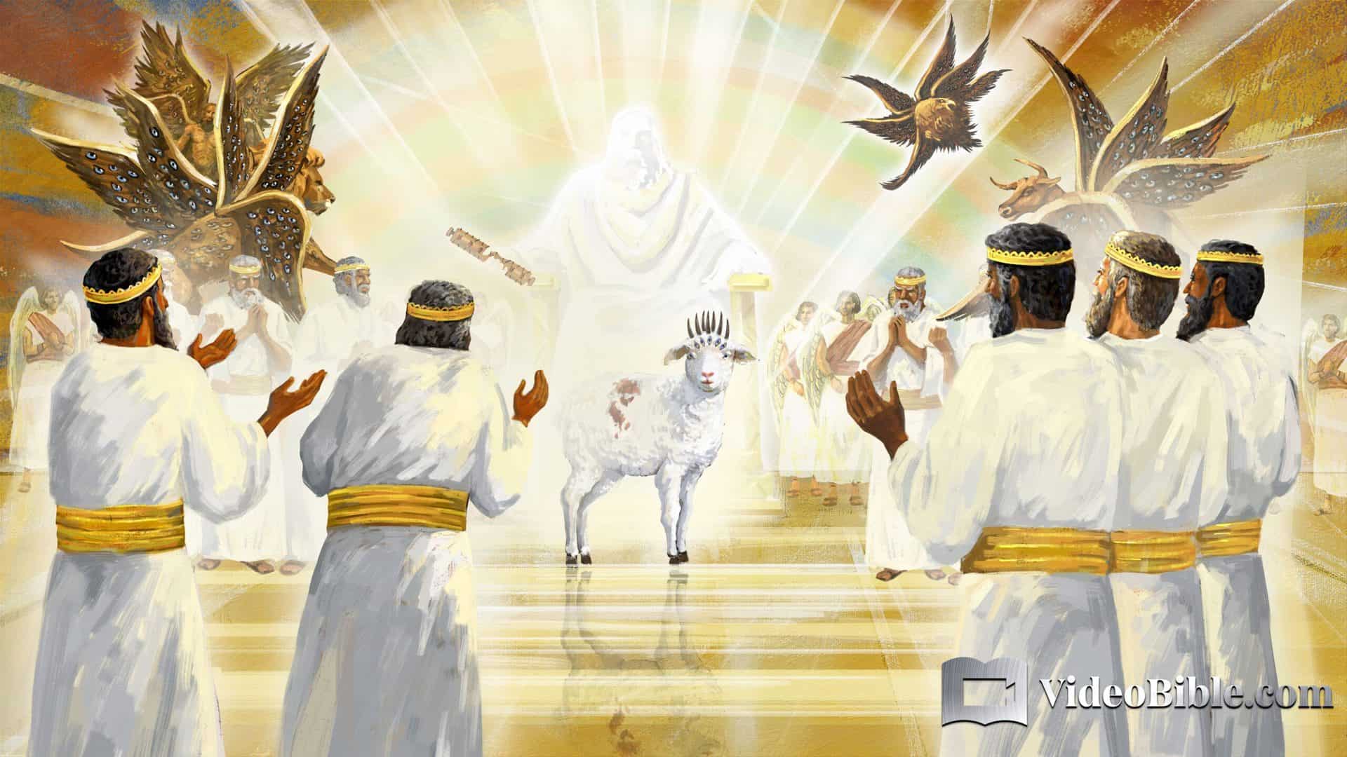 Lamb of God before God the father with 4 creatures and 24 elders