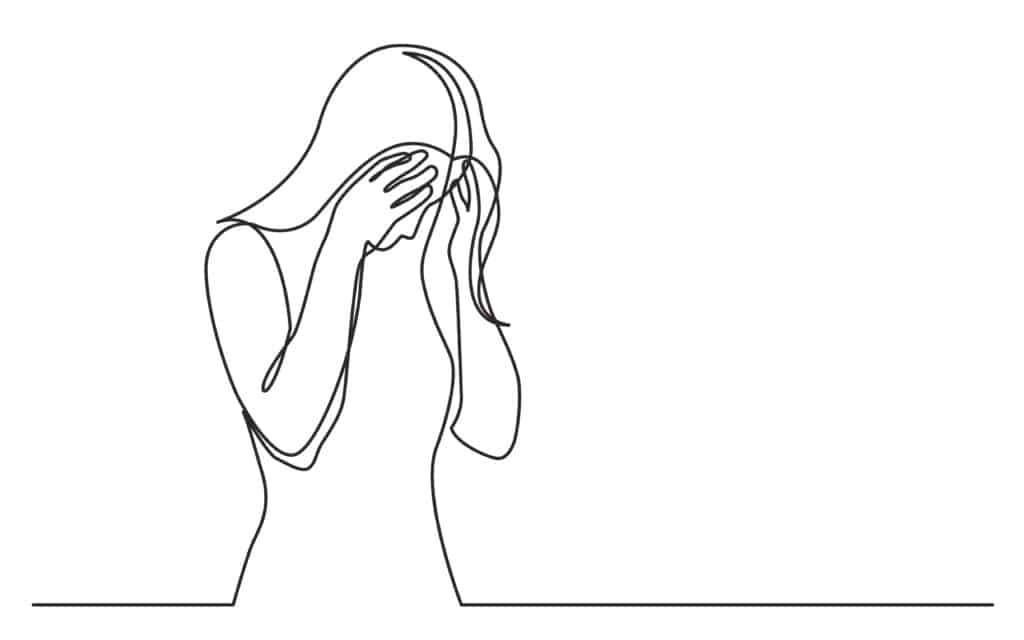 continuous line drawing of woman hiding her face in despair anxiety